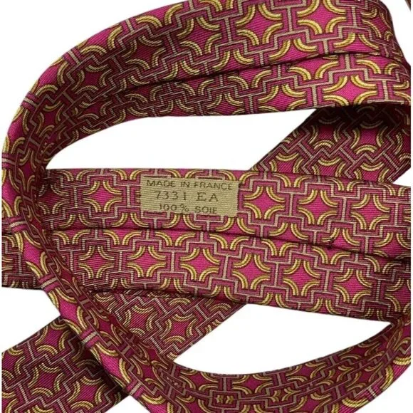 HERMÈS Men's Silk Necktie LUXURY 7331 EA Burgundy Geometric Monogram W:3.5" EUC